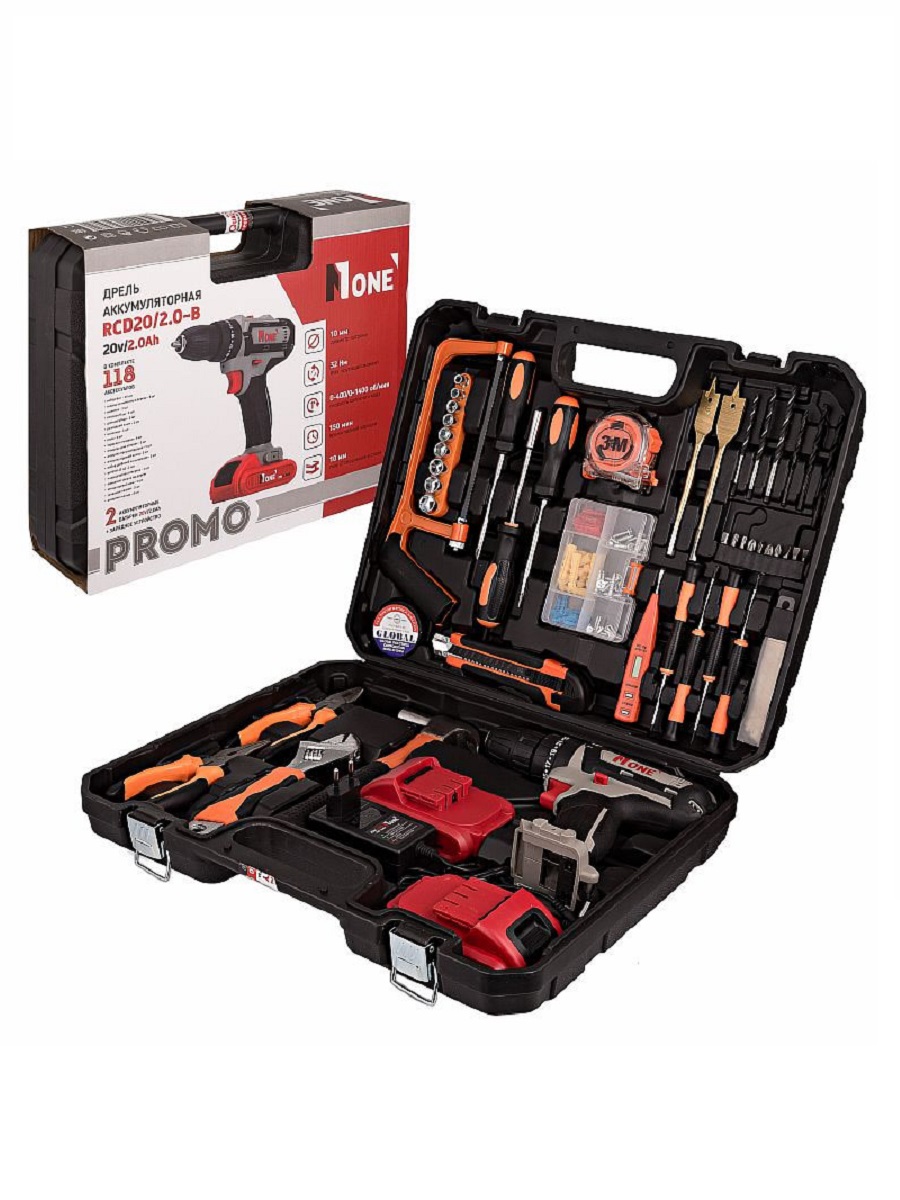 фото Аккумуляторная дрель-шуруповерт RCD20/2.0-B-PROMO ударная (20V,2,0Ah,2акк,З/У,2скор,32Hm.118предм.в компл,кейс) Number one